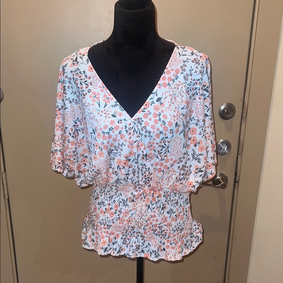 Cato Floral V-Neck Blouse - White and Orange - Picture 1 of 2